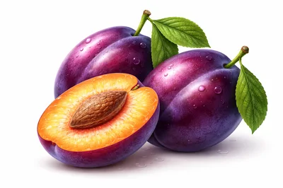 Fresh Ripe Plums With Leaves And Water Droplets