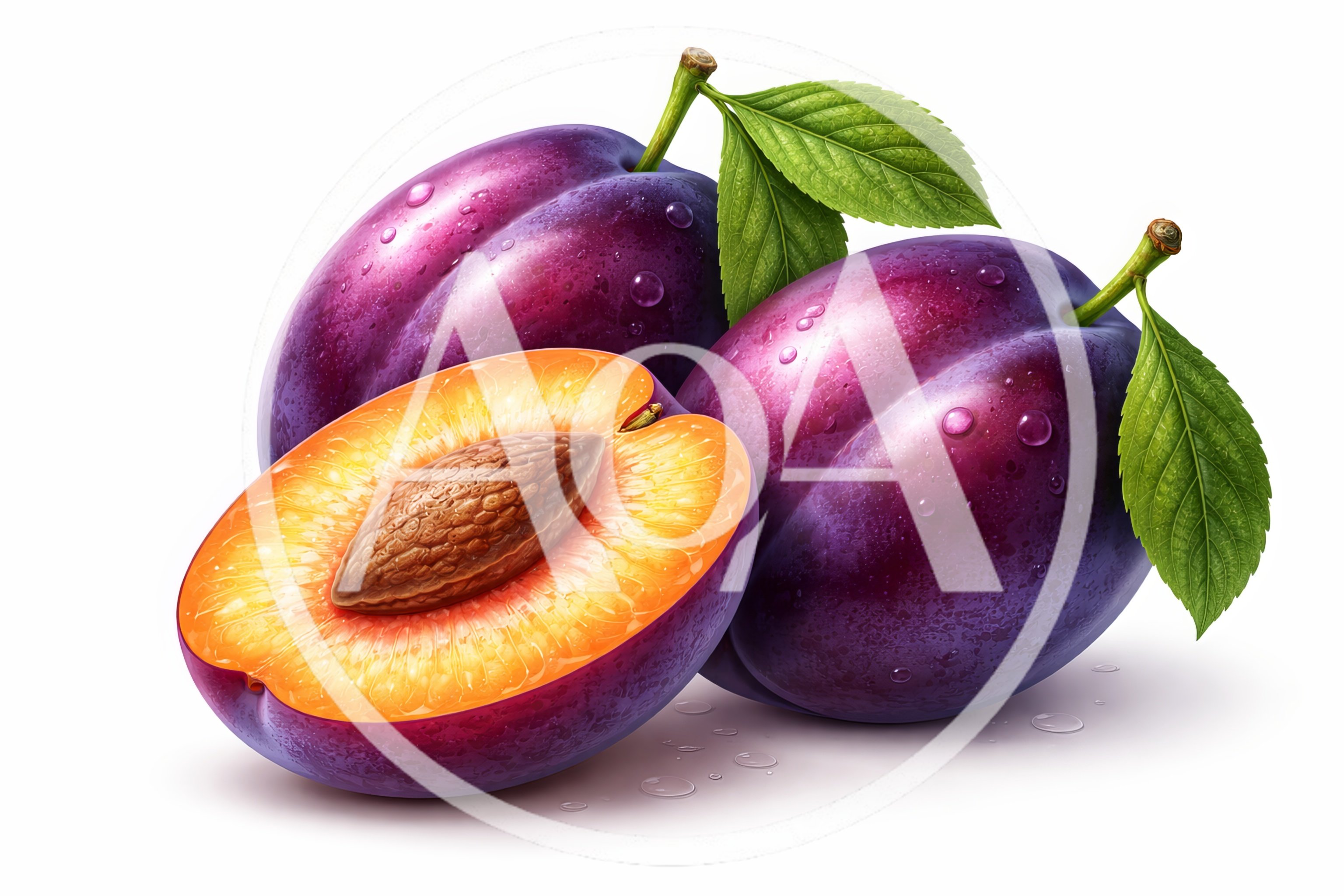 Fresh Ripe Plums With Leaves And Water Droplets