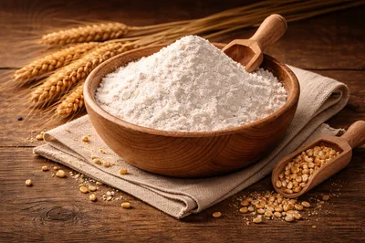Wooden Bowl Of Flour With Wheat Stalks And Grains