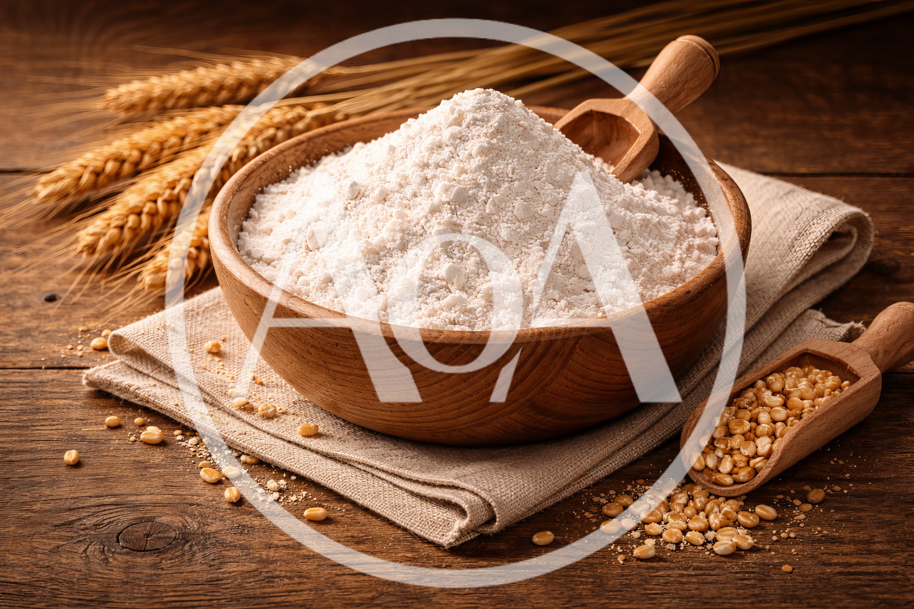 Wooden Bowl Of Flour With Wheat Stalks And Grains