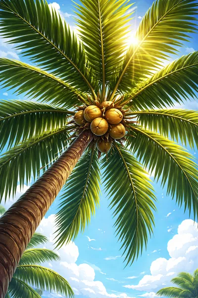 Low Angle View Of Tropical Palm Tree With Coconuts