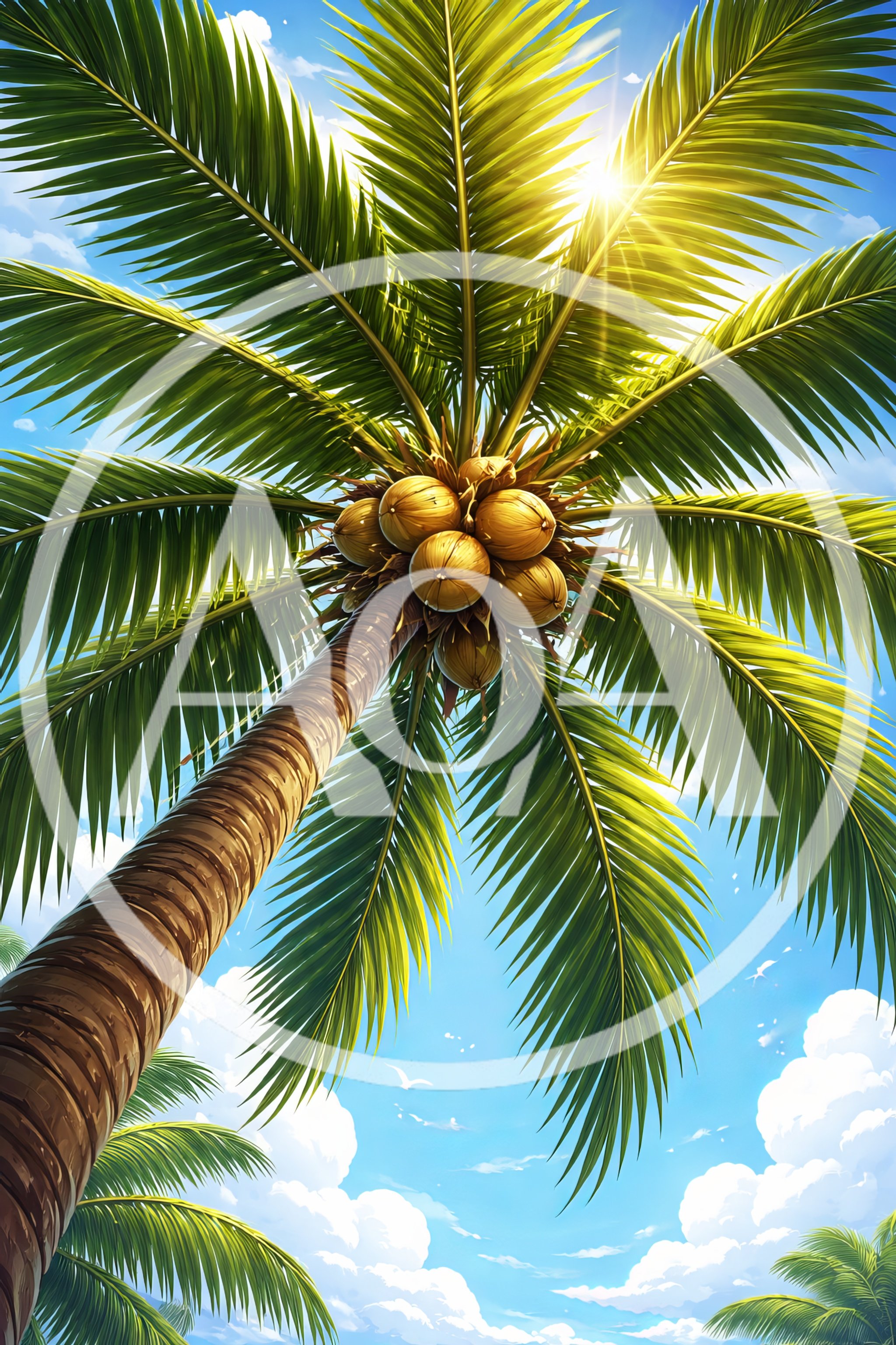 Low Angle View Of Tropical Palm Tree With Coconuts