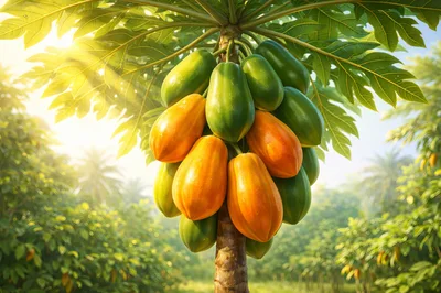 Ripe Papayas Hanging on a Tree in an Orchard