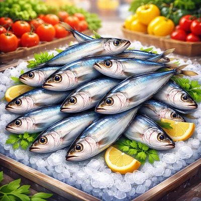 Fresh Mackerel Fish On Ice With Lemon And Herbs