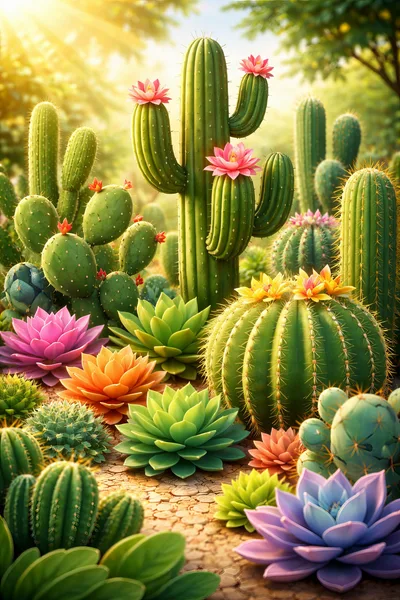 Vibrant Desert Garden With Blooming Cacti And Succulents