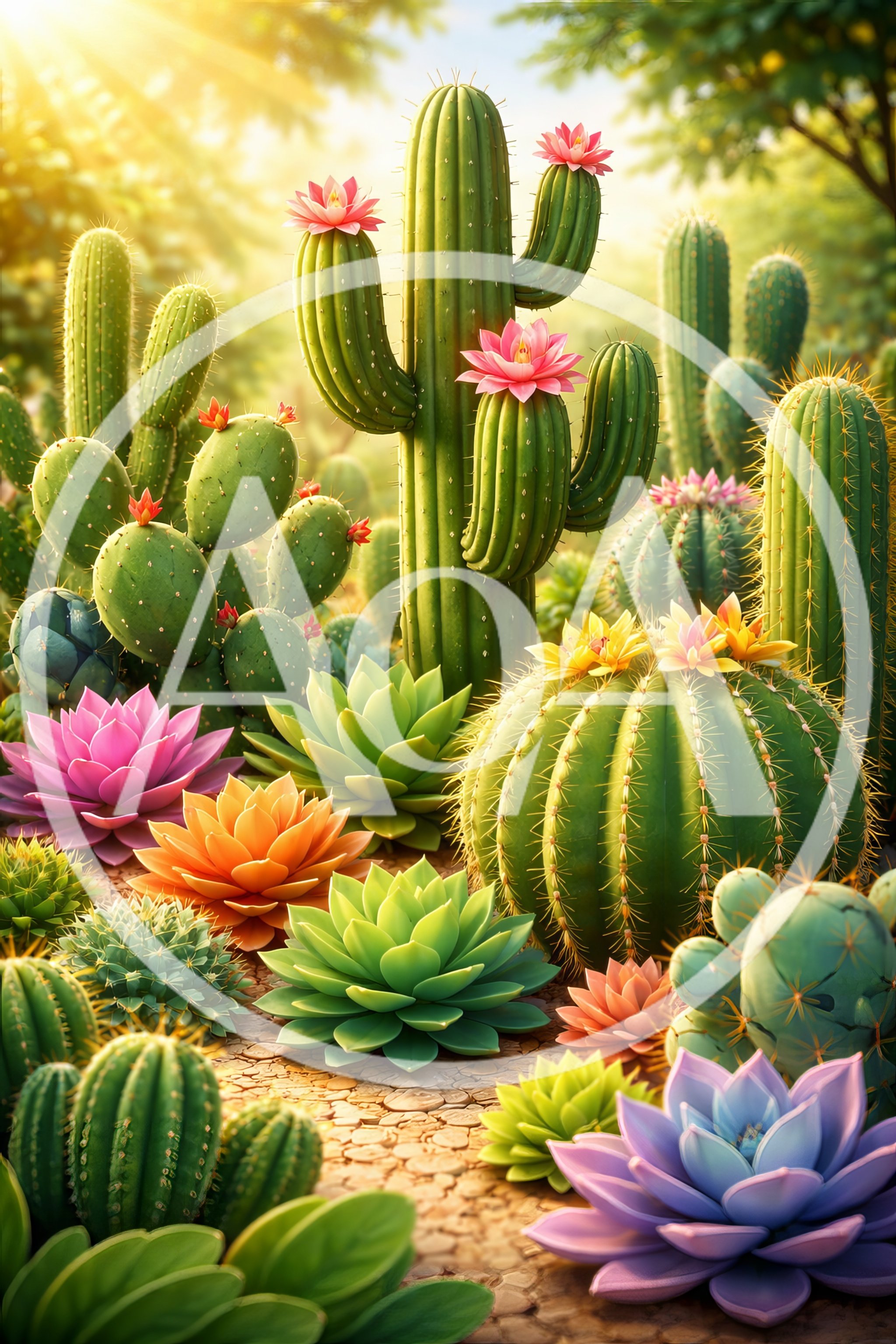 Vibrant Desert Garden With Blooming Cacti And Succulents