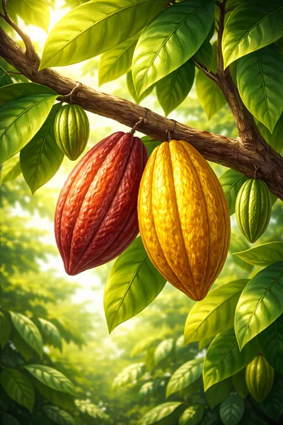 Ripe Cacao Pods Hanging From A Tree Branch
