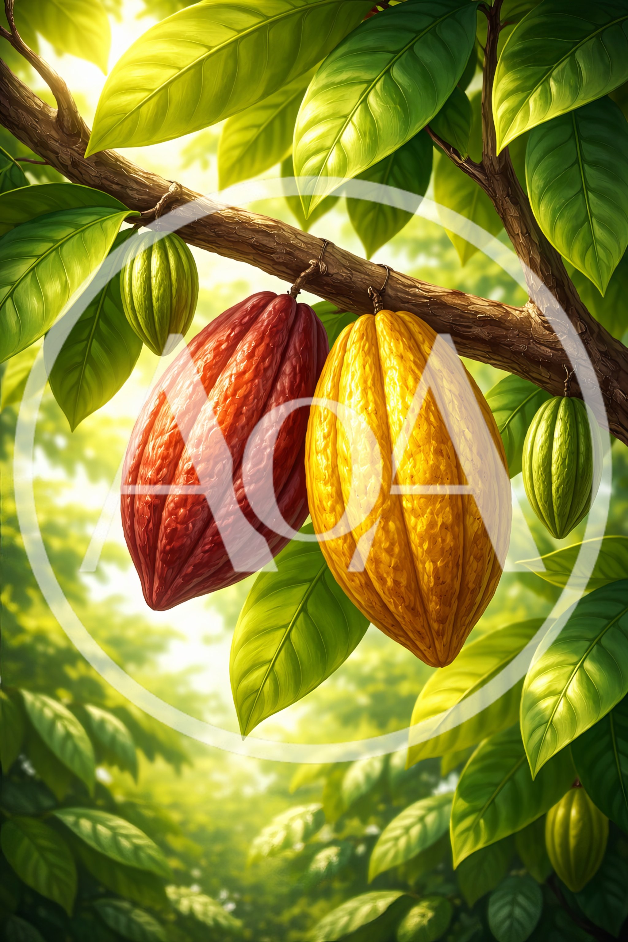 Ripe Cacao Pods Hanging From A Tree Branch