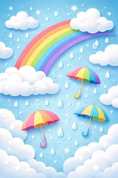Whimsical Rainbow And Floating Umbrellas In Rainy Sky
