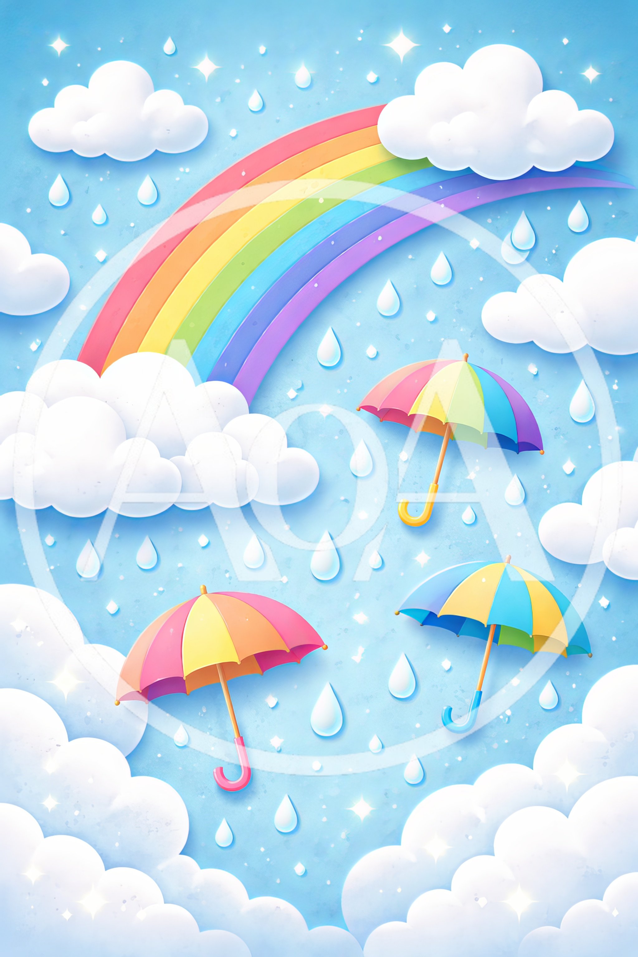 Whimsical Rainbow And Floating Umbrellas In Rainy Sky
