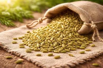 Fennel Seeds Spilling From A Burlap Sack