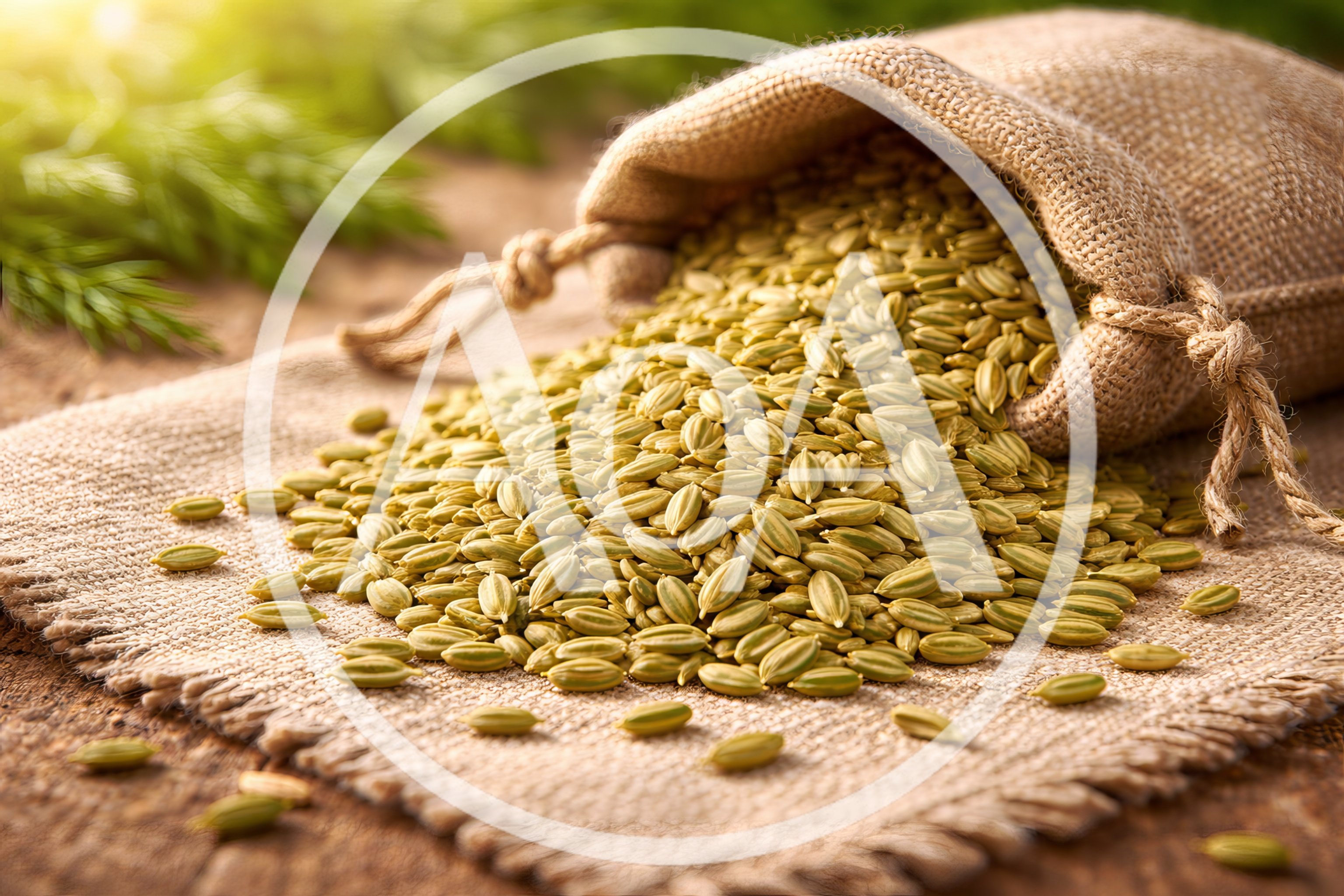 Fennel Seeds Spilling From A Burlap Sack