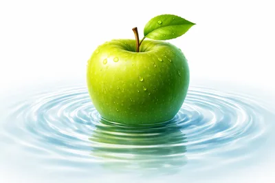 Green Apple Floating In Clear Water With Ripples