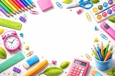 School Supplies Arranged In A Frame On White Background