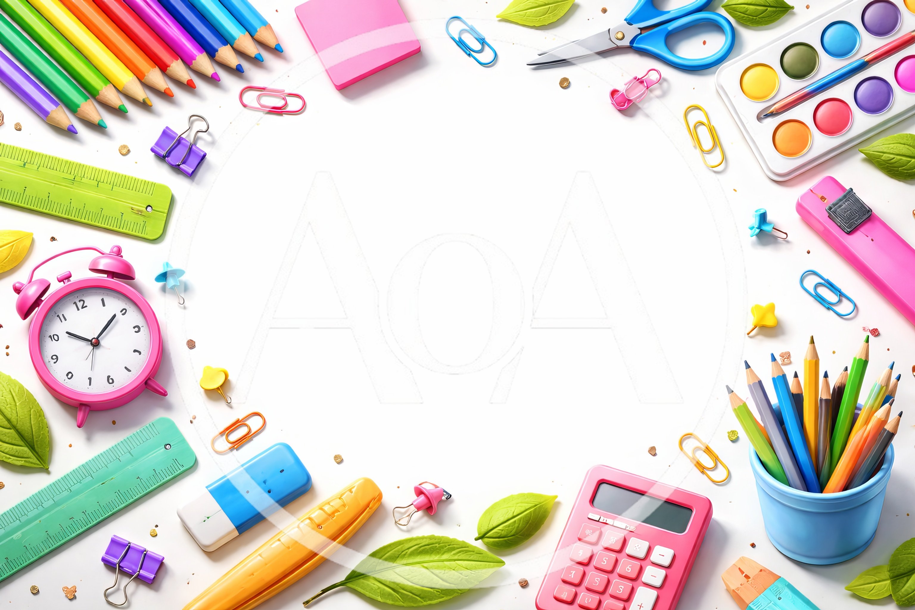 School Supplies Arranged In A Frame On White Background