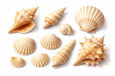 Collection Of Various Seashells On White Background