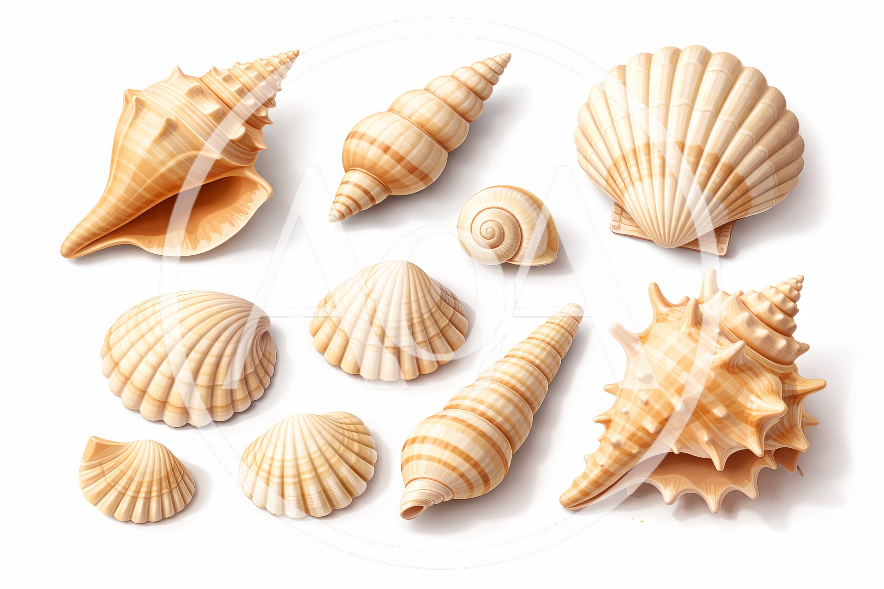 Collection Of Various Seashells On White Background