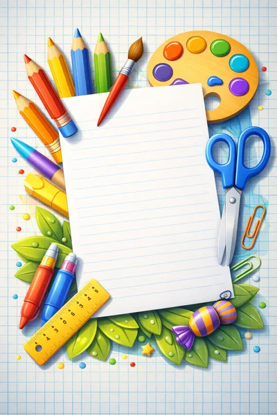 School Supplies Arranged Around Blank Lined Paper