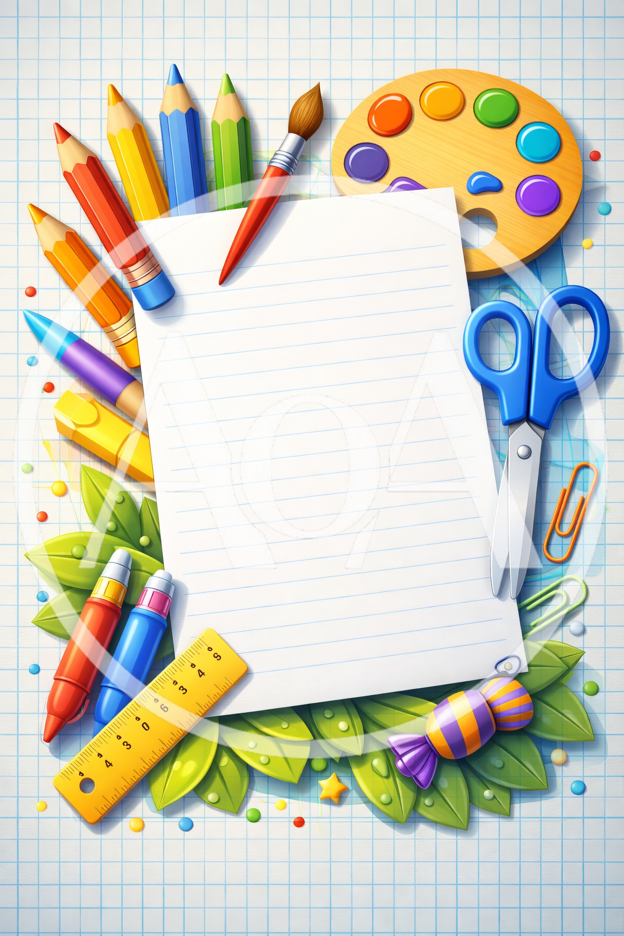 School Supplies Arranged Around Blank Lined Paper