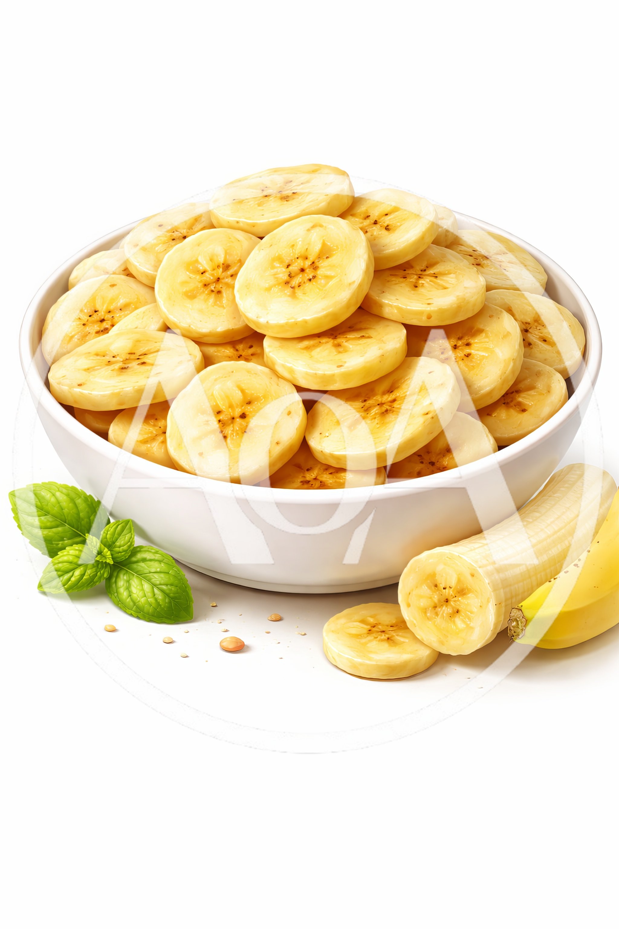 Bowl Of Fresh Sliced Bananas With Mint Leaves
