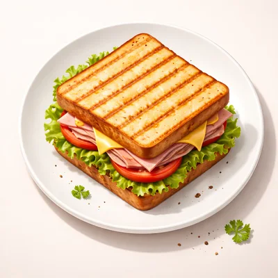 Grilled Ham and Cheese Sandwich on a White Plate