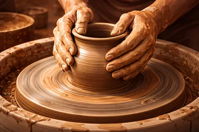 Potter Shaping Clay Vessel On A Spinning Wheel