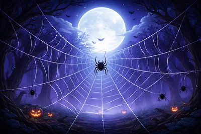 Spooky Halloween Forest With Giant Spider Web