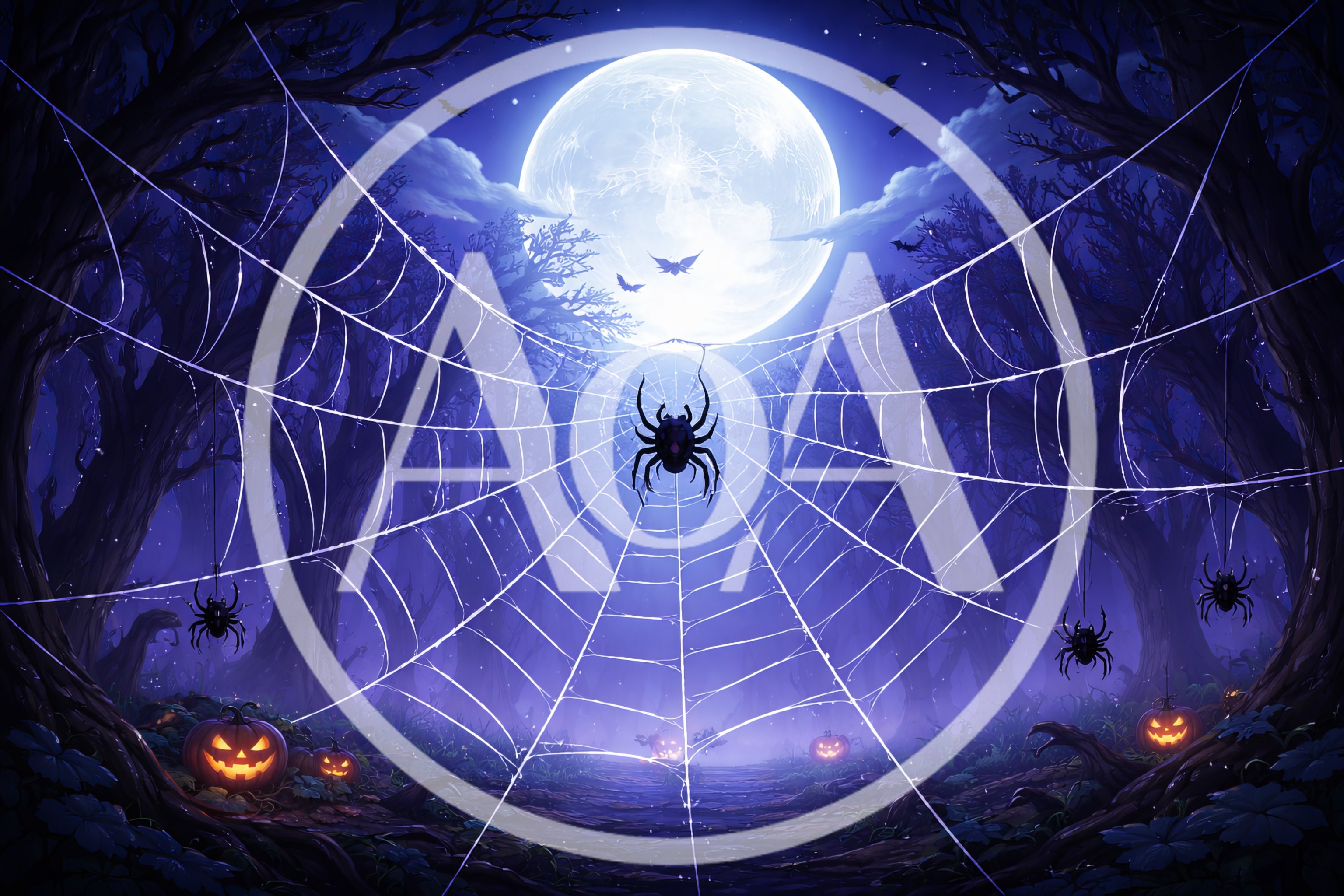 Spooky Halloween Forest With Giant Spider Web