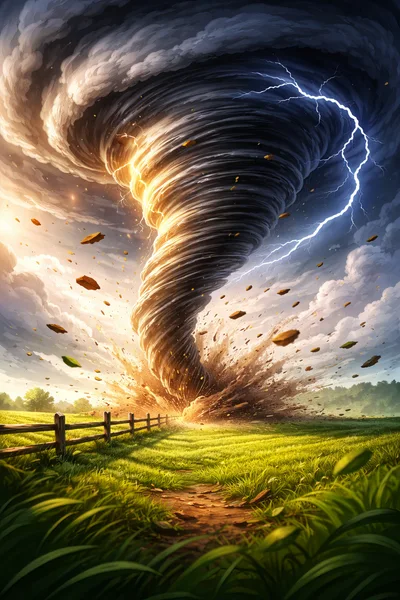 Massive Tornado Striking A Rural Green Field