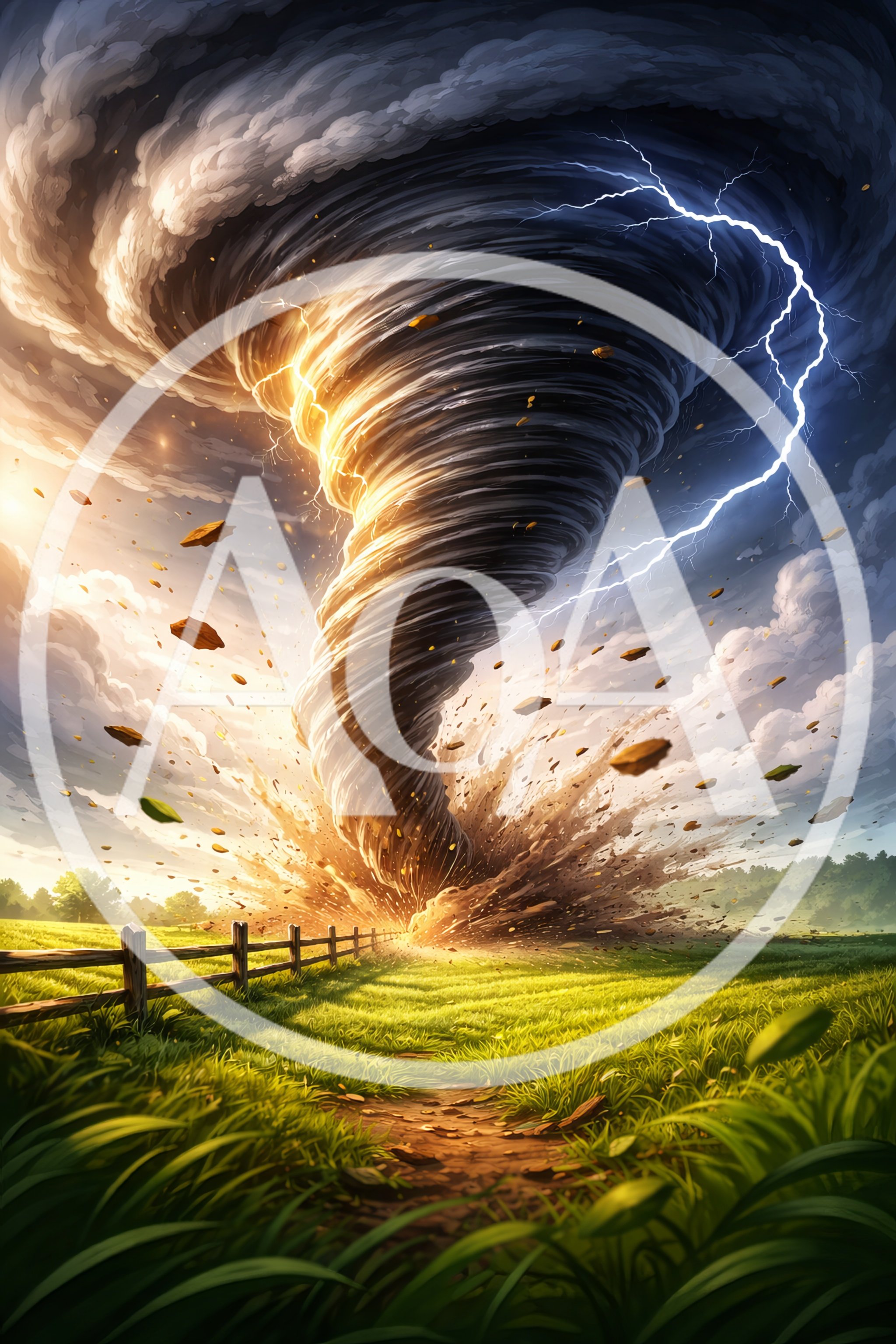 Massive Tornado Striking A Rural Green Field