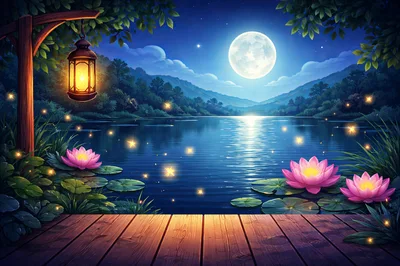 Serene Night Lake Scene With Lotus Flowers And Lantern