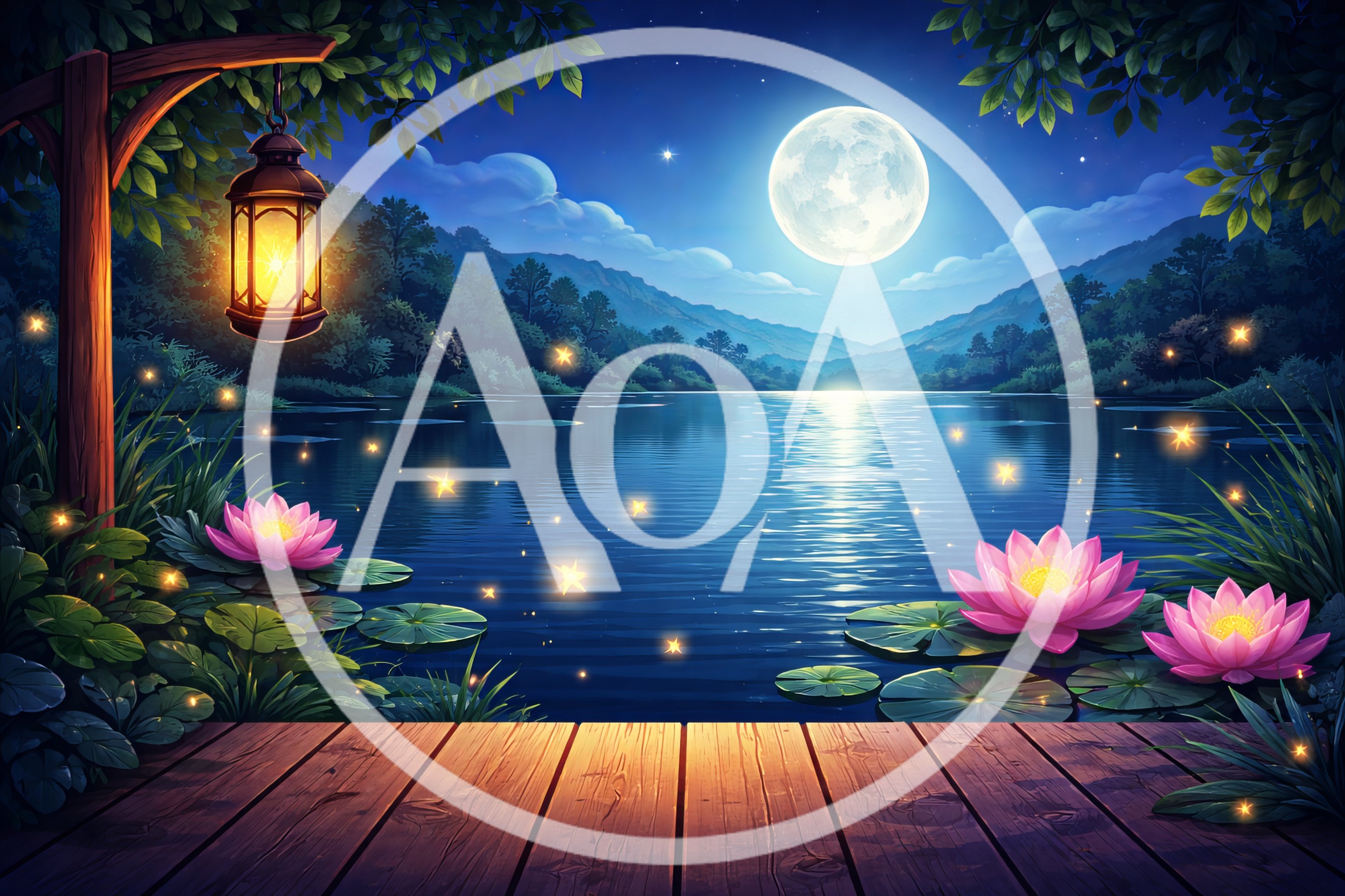 Serene Night Lake Scene With Lotus Flowers And Lantern