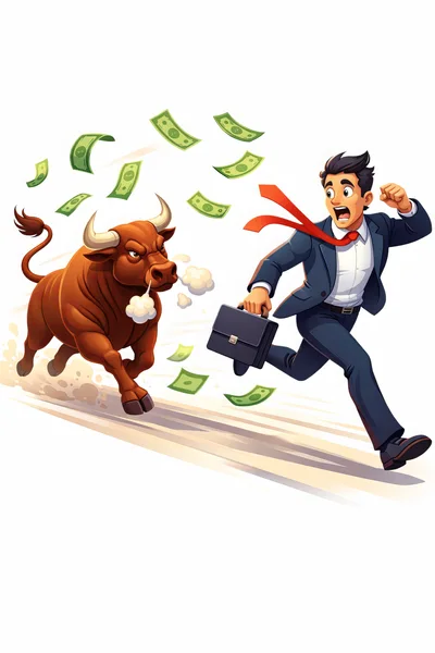 Businessman Running Away From An Aggressive Charging Bull