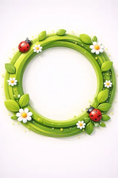 3D Rendered Green Circular Frame With Ladybugs And Flowers