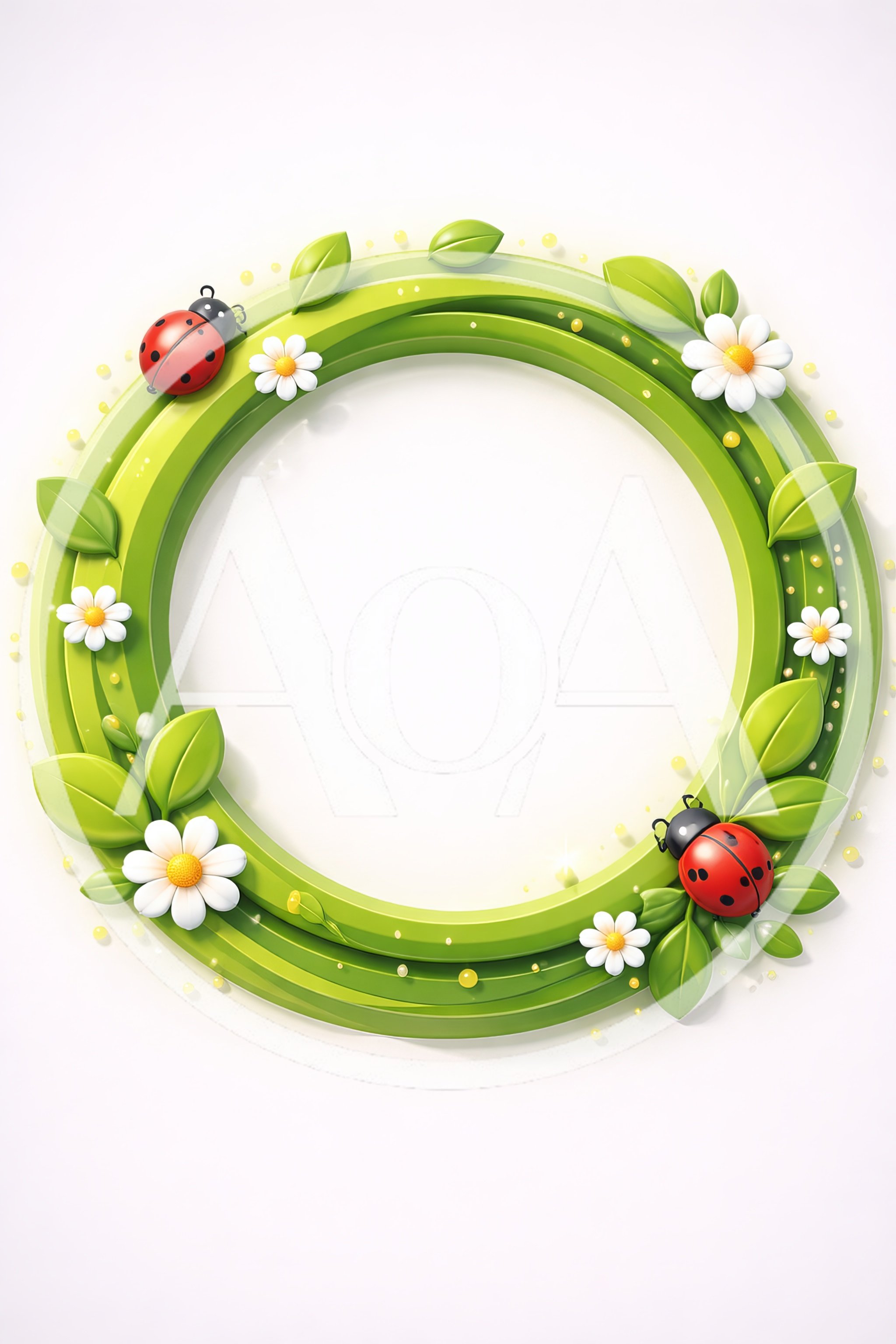 3D Rendered Green Circular Frame With Ladybugs And Flowers