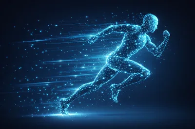Digital Wireframe Human Figure Running At High Speed