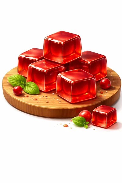 Red Jelly Cubes on Wooden Cutting Board