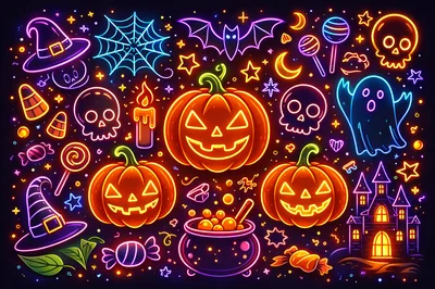 Neon Halloween Icons Set With Pumpkins And Ghosts