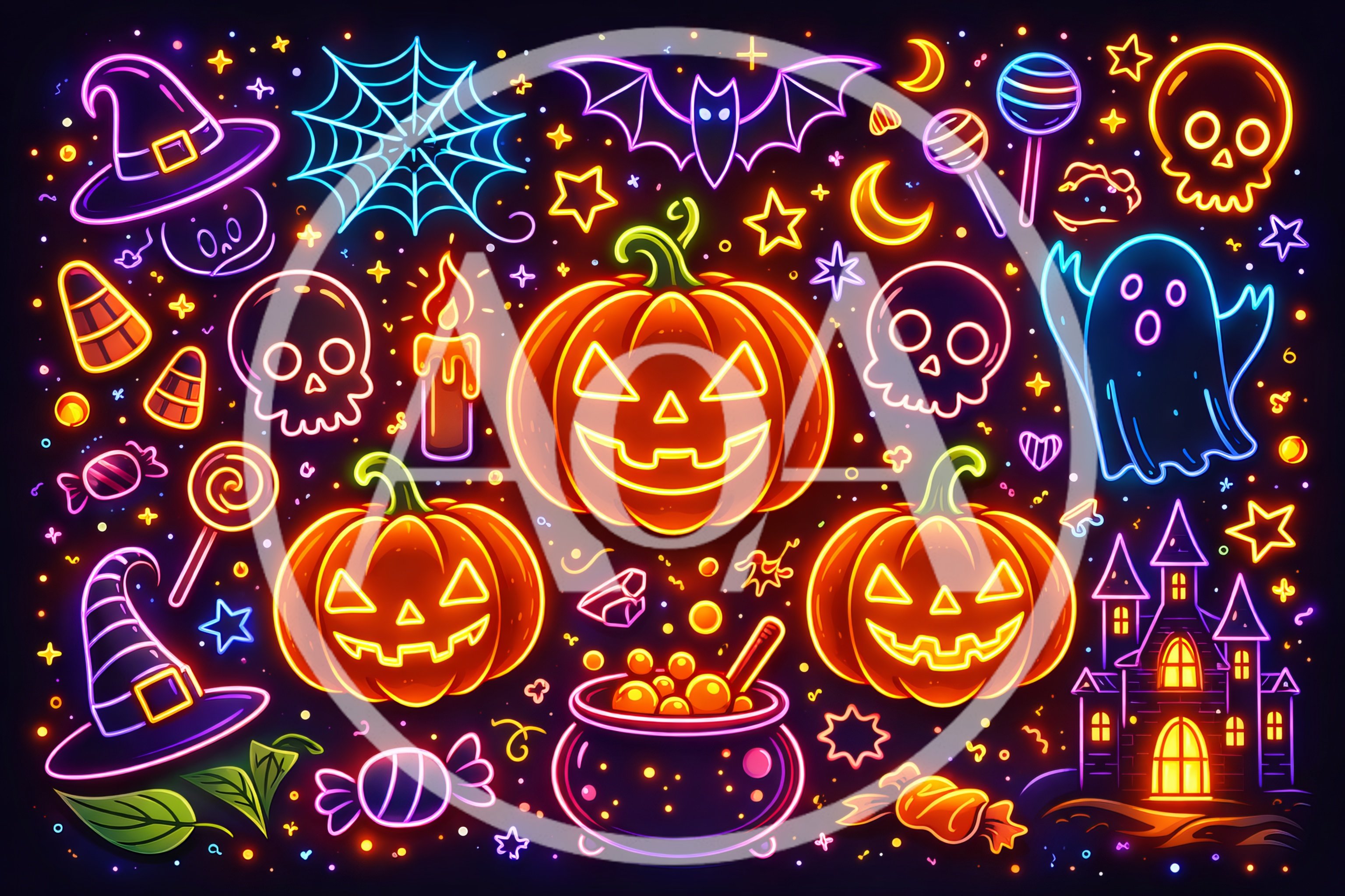 Neon Halloween Icons Set With Pumpkins And Ghosts