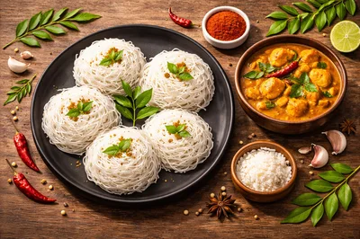 Traditional South Indian Idiyappam With Spicy Chicken Curry