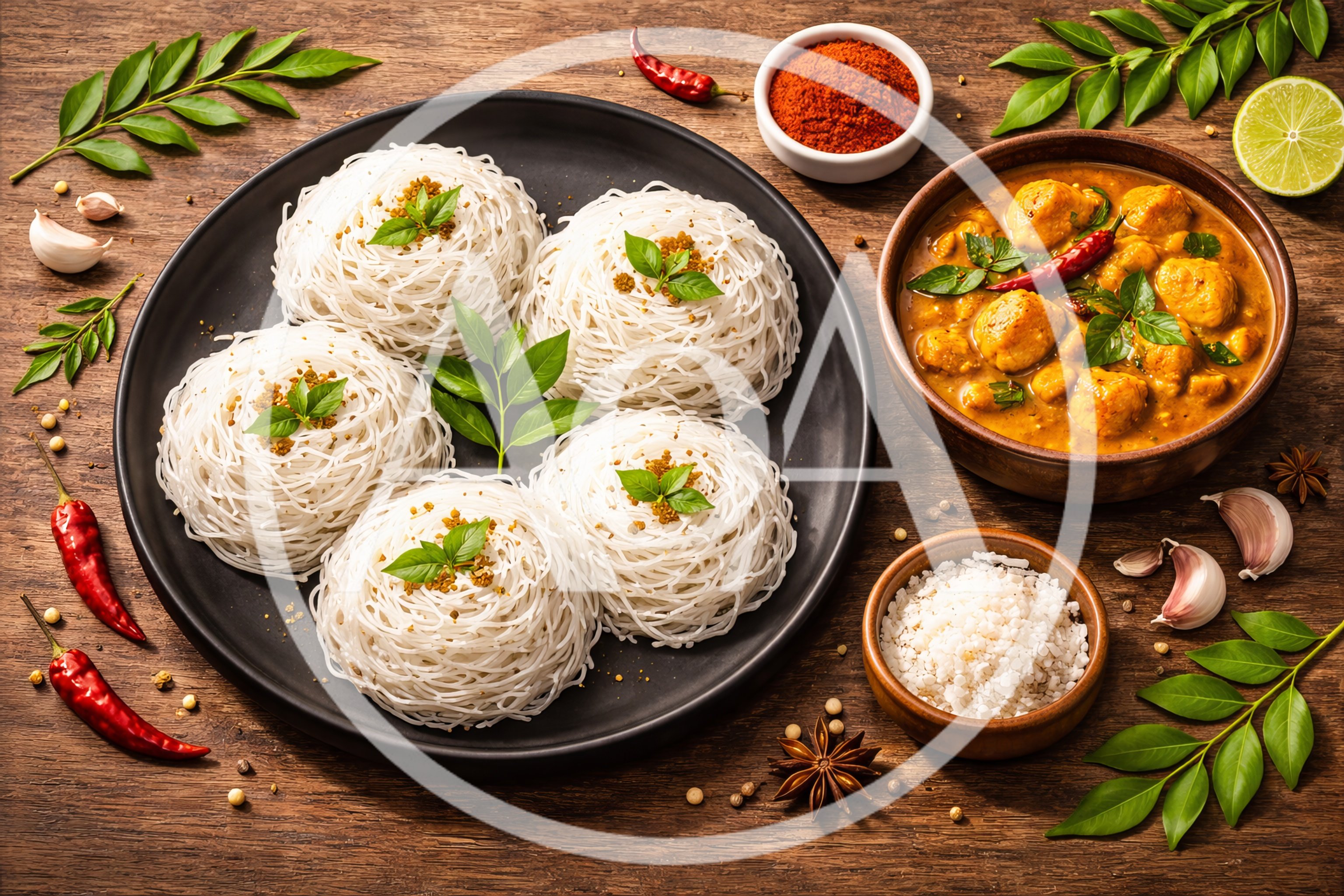 Traditional South Indian Idiyappam With Spicy Chicken Curry