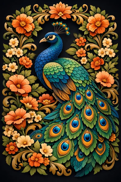 Peacock Surrounded By Ornate Floral Patterns