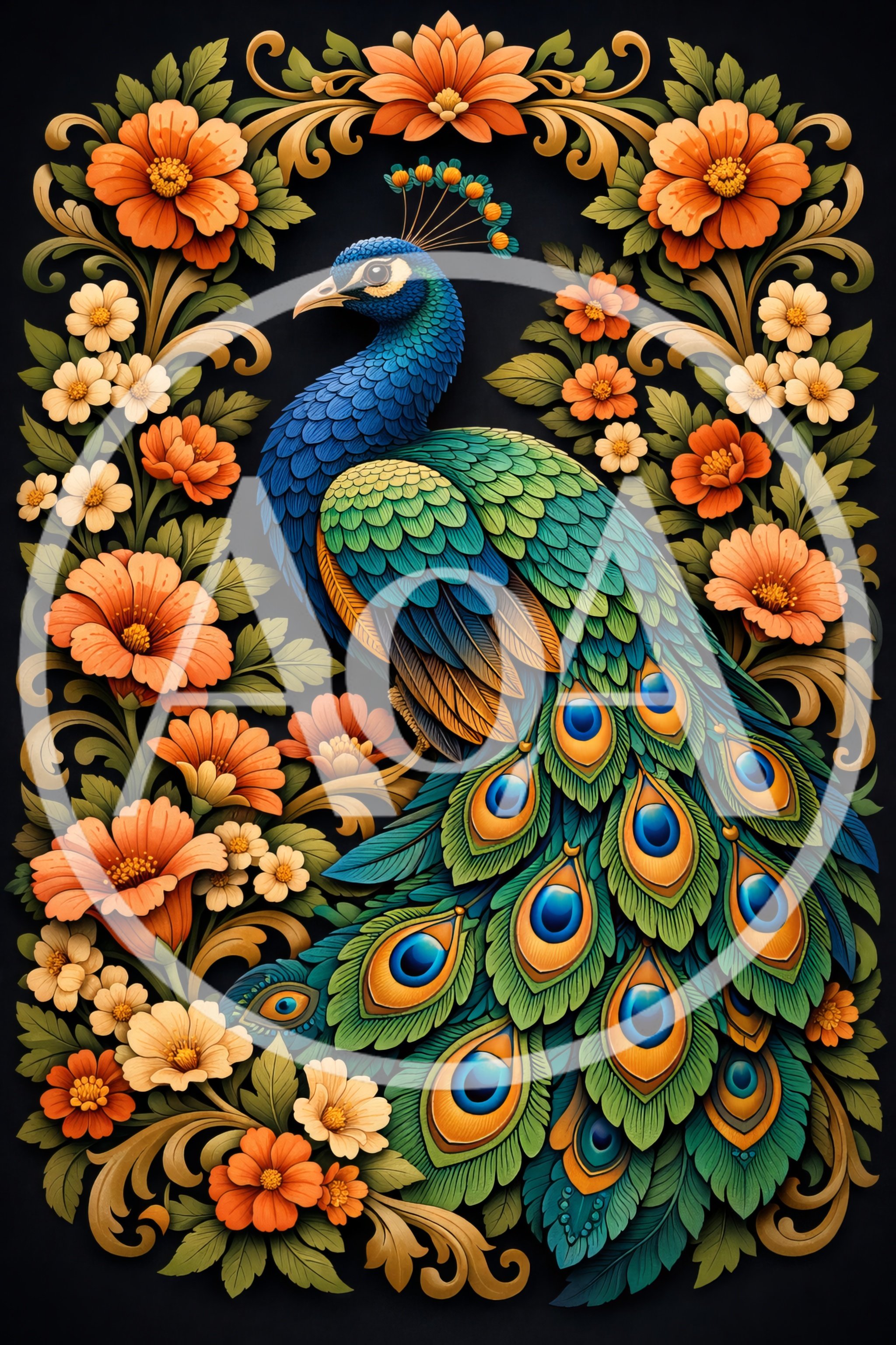 Peacock Surrounded By Ornate Floral Patterns