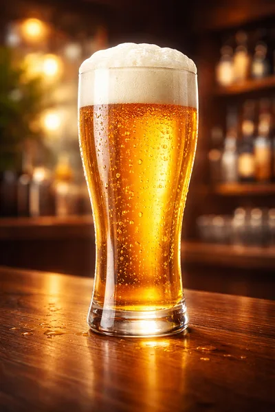 Cold Glass Of Golden Beer On A Bar Counter