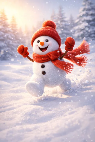 Cheerful Snowman Running Through Snowy Winter Forest