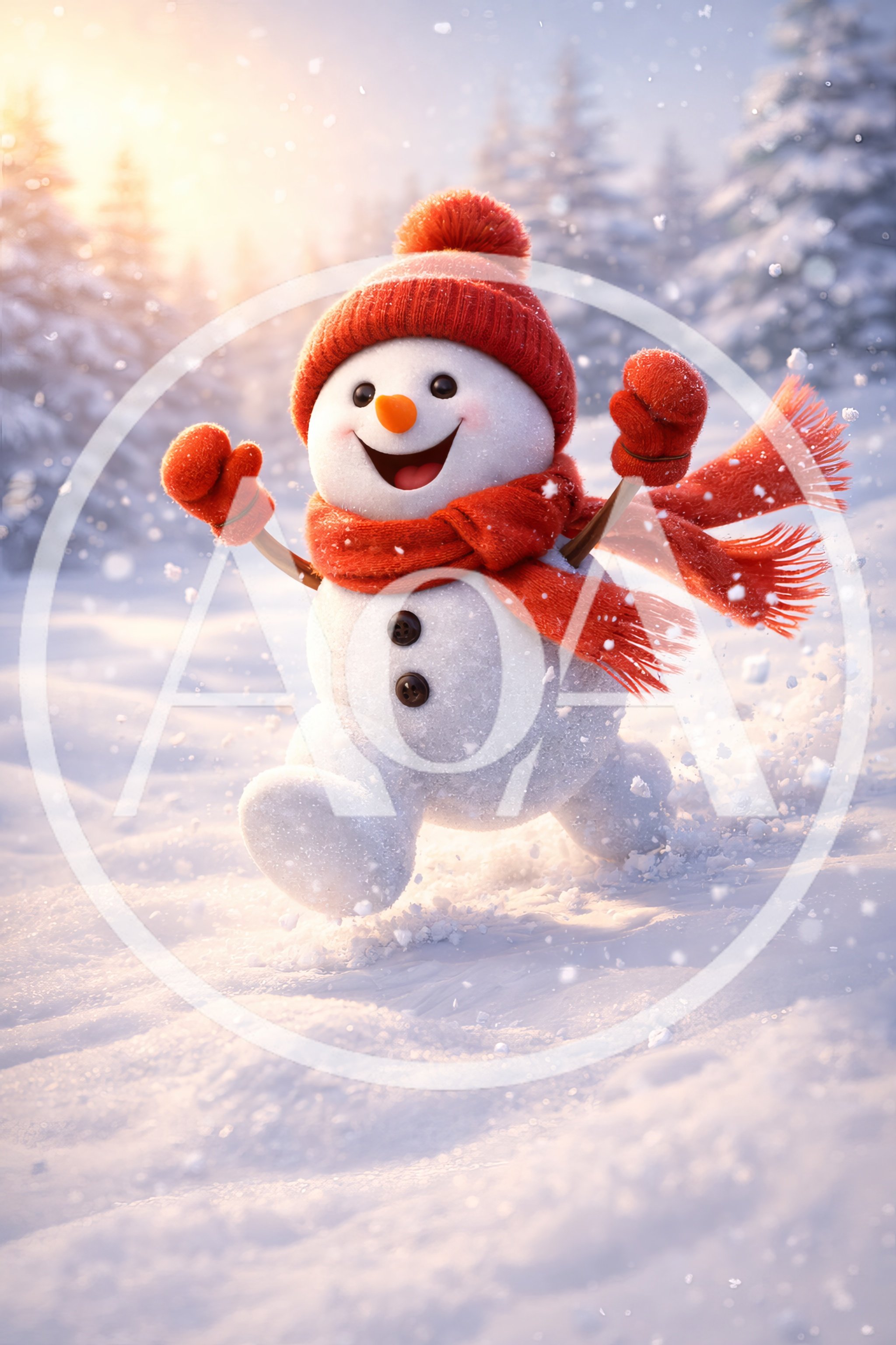 Cheerful Snowman Running Through Snowy Winter Forest