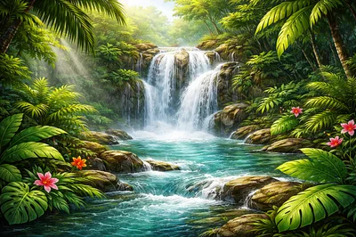 Tropical Waterfall Cascading Into A Lush Jungle Pool