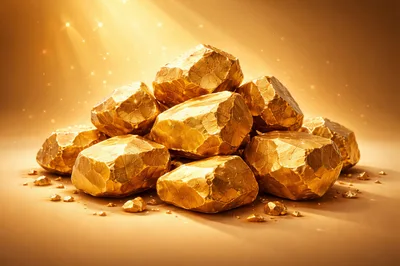 Pile Of Shiny Gold Nuggets On Golden Background