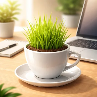 Fresh Green Grass Growing In A White Coffee Cup