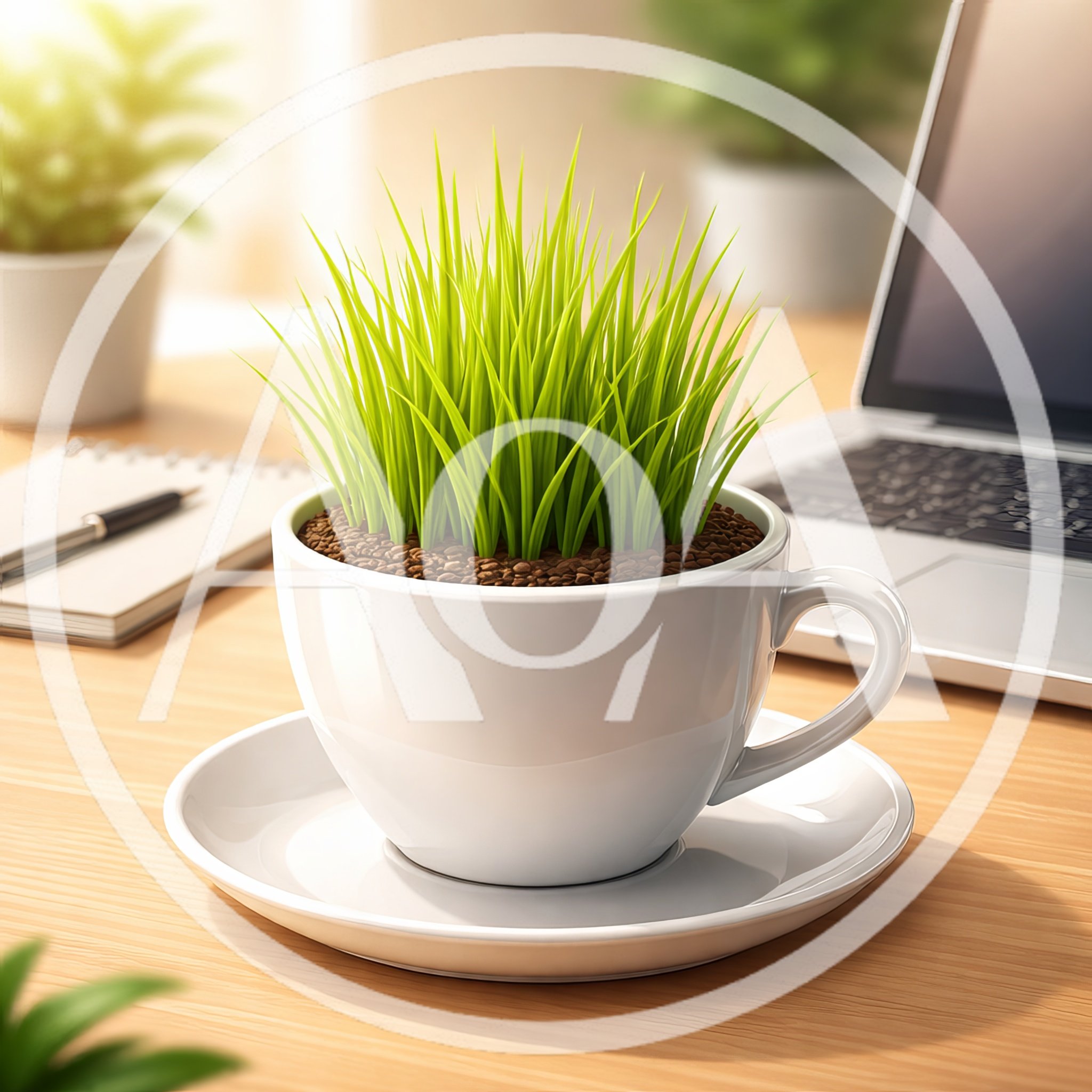 Fresh Green Grass Growing In A White Coffee Cup
